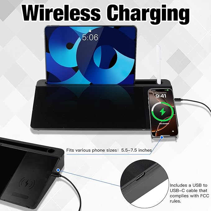 Glass Desktop Whiteboard with Wireless Charger & Storage, Desk Dry Erase Note - Image 2