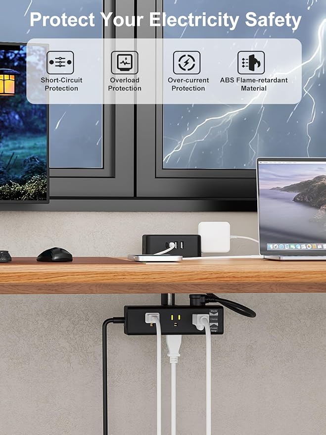 Desk Clamp Power Strip 13 Outlet 2USB-C Ports, 2 USB-A Ports, Desktop Edge - Image 4