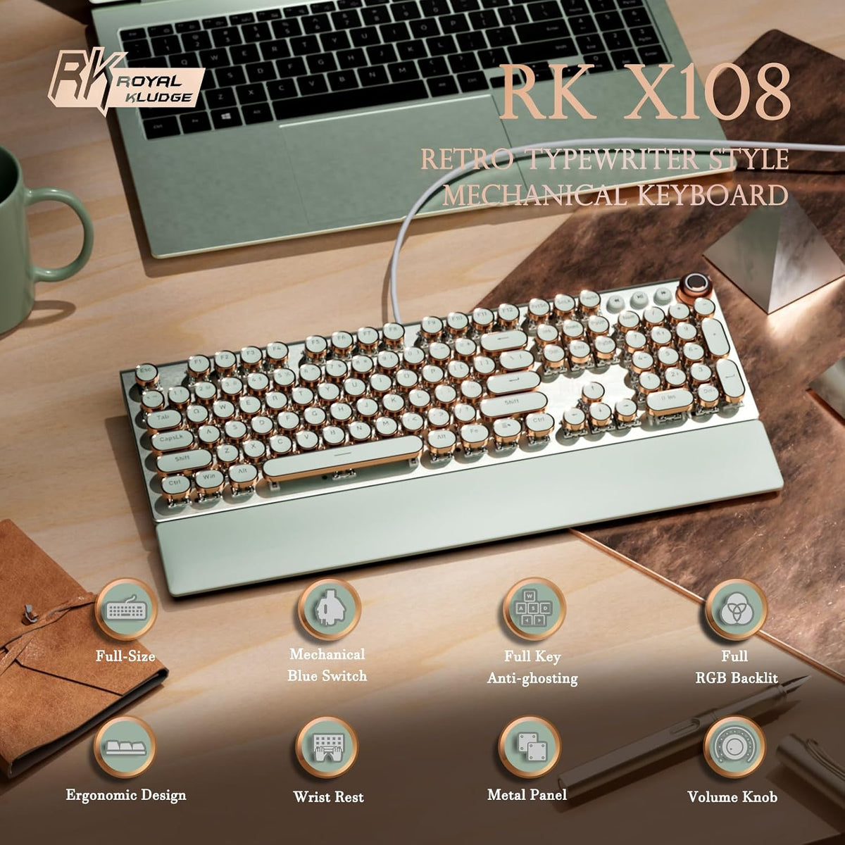 RK ROYAL KLUDGE X108 Typewriter Style Mechanical Keyboard, Wired Gaming Keybo...