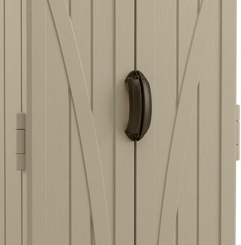 suncast vertical shed, compact outdoor storage system, 22 on a desk or shelf
