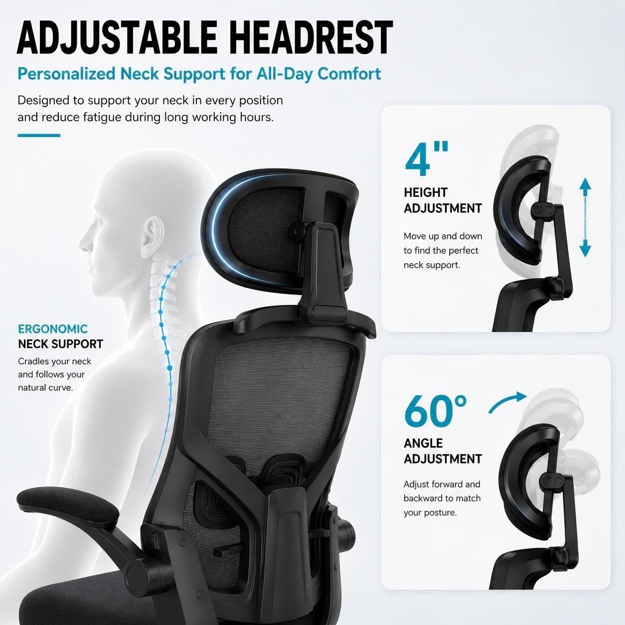 Ergonomic Office Chair, High Back Mesh Computer Chair with Molded Foam Cushion, Adjustable Headrest, Lumbar Support, Tilt Lock and Coat Hanger for Home Office