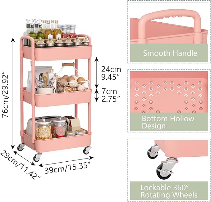 Sywhitta 3-Tier Plastic Rolling Utility Cart - Image 2