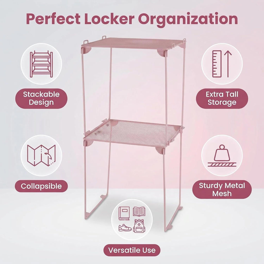 Neudeco Pack 2, Mesh Locker Shelf, Stackable Extra Tall Locker Organizer, Collapsible and Metal Build, Fits Standard Size School Locker, Suitable for Work, Kitchen, Bathroom (Pink)