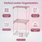 Neudeco Pack 2, Mesh Locker Shelf, Stackable Extra Tall Locker Organizer, Collapsible and Metal Build, Fits Standard Size School Locker, Suitable for Work, Kitchen, Bathroom (Pink)