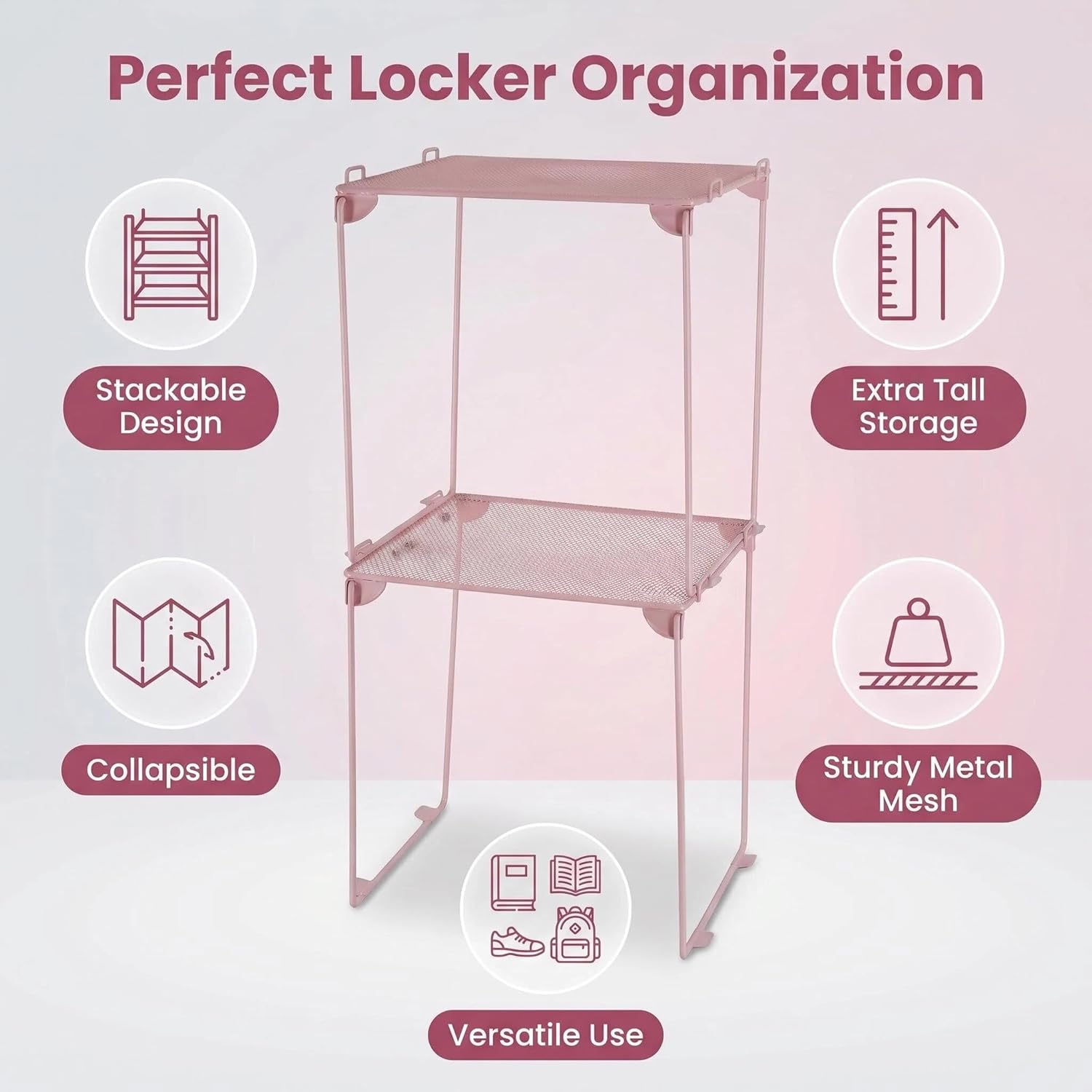 Neudeco Pack 2, Mesh Locker Shelf, Stackable Extra Tall Locker Organizer, Collapsible and Metal Build, Fits Standard Size School Locker, Suitable for Work, Kitchen, Bathroom (Pink)