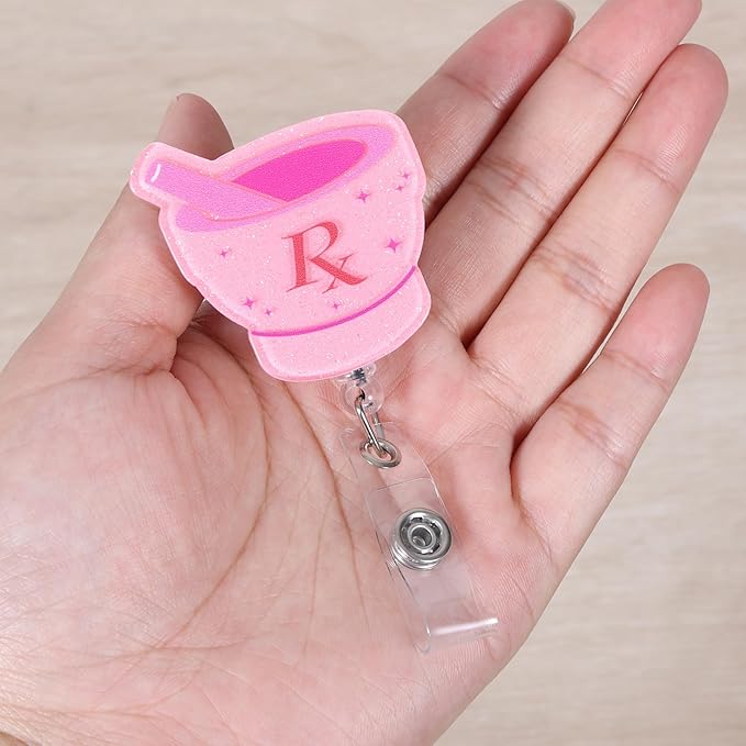 Funny Pink RX Nurse Badge Reel, Cute Pharmacy Tech Mortar and Pestle - Image 4