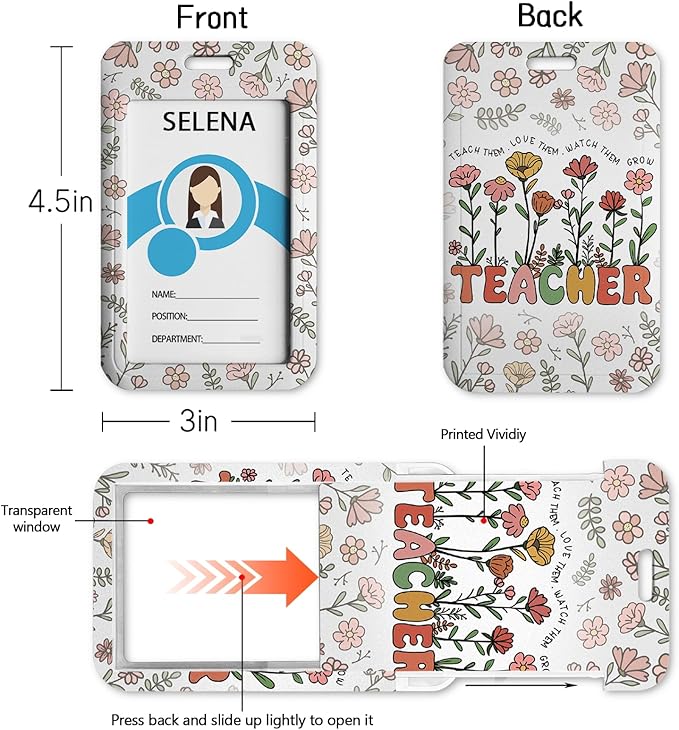 Teacher Badge Holder with Retractable Lanyard, Flower Lanyards - Image 4