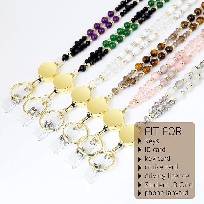 AIDSOTOU Lanyards for ID Badges and Keys, Natural Stone Beaded Teacher Lanyard - Image 2