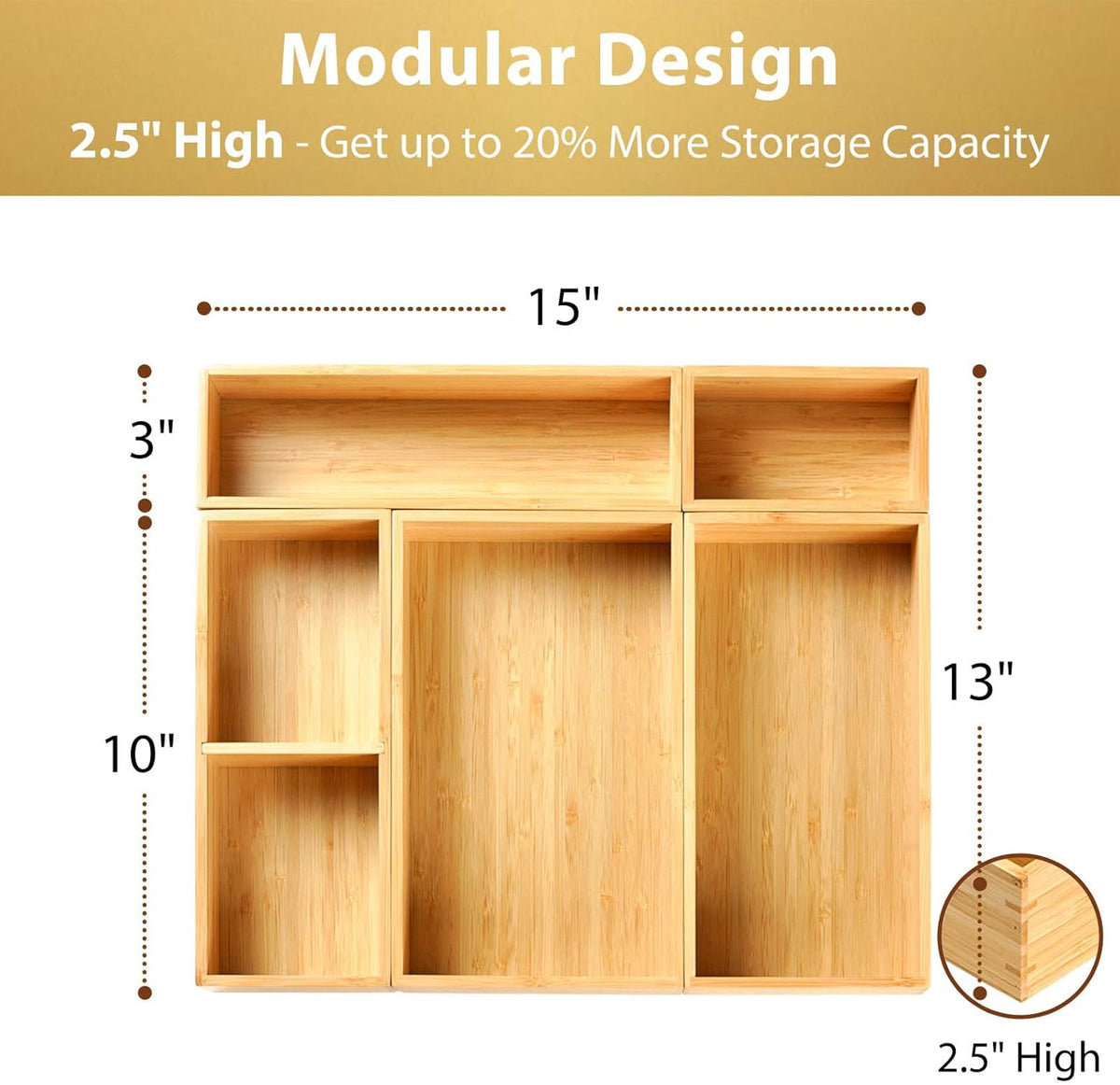 Umilife Drawer Organizer Storage Boxes, 2.5" High Bamboo Drawer Dividers...
