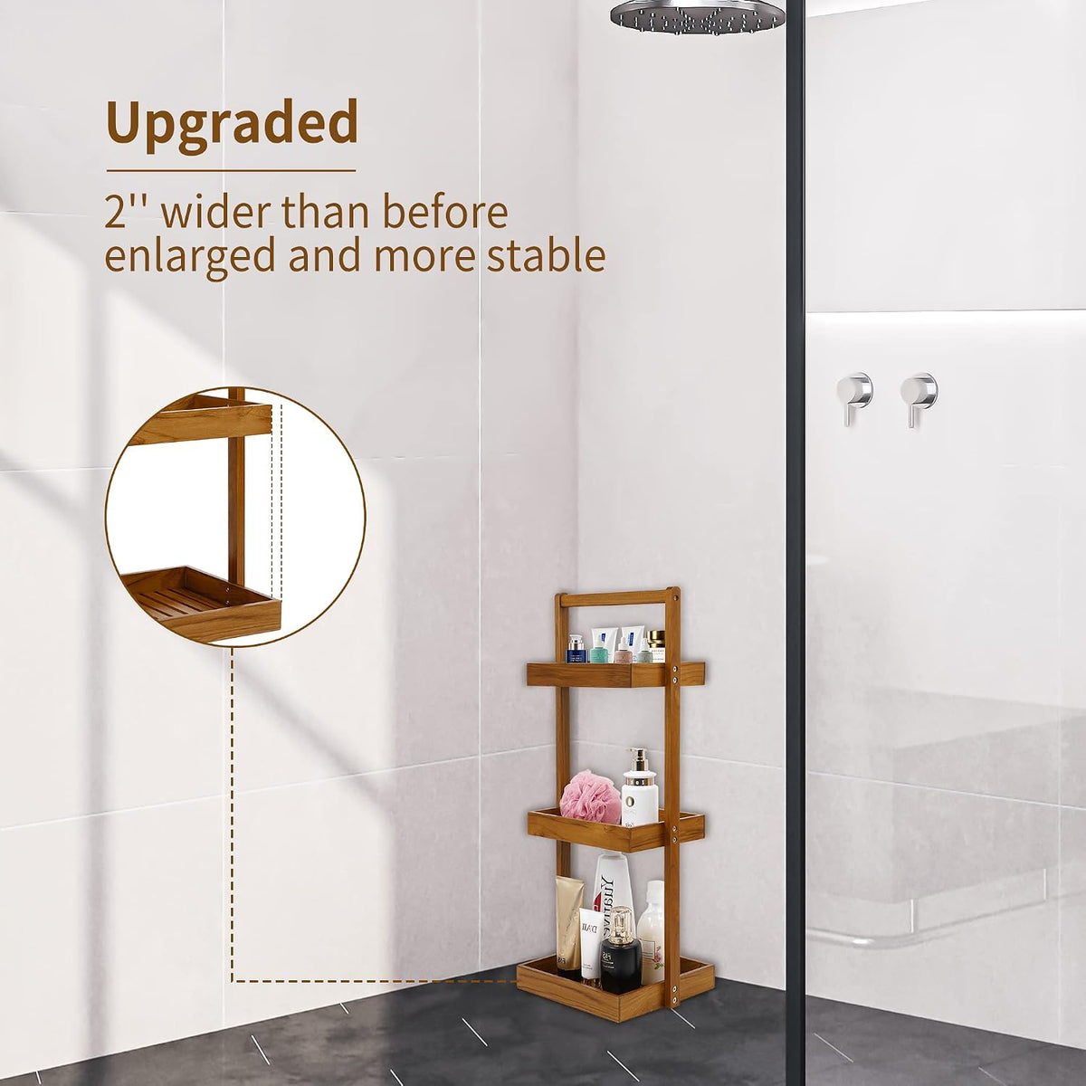 Utoplike Teak Shower Caddy Shelf, Freestanding Racks for Bathroom Corner