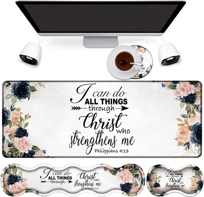 4 in 1 Mouse Pad Combo, Large Gaming Mouse Pad + Keyboard Wrist Support + Mouse Wrist Rest + Coaster, Table Pad with Stitched Edge Memory Foam Ergonomic Wrist Pad Set, Bible Phil 4-13 Floral