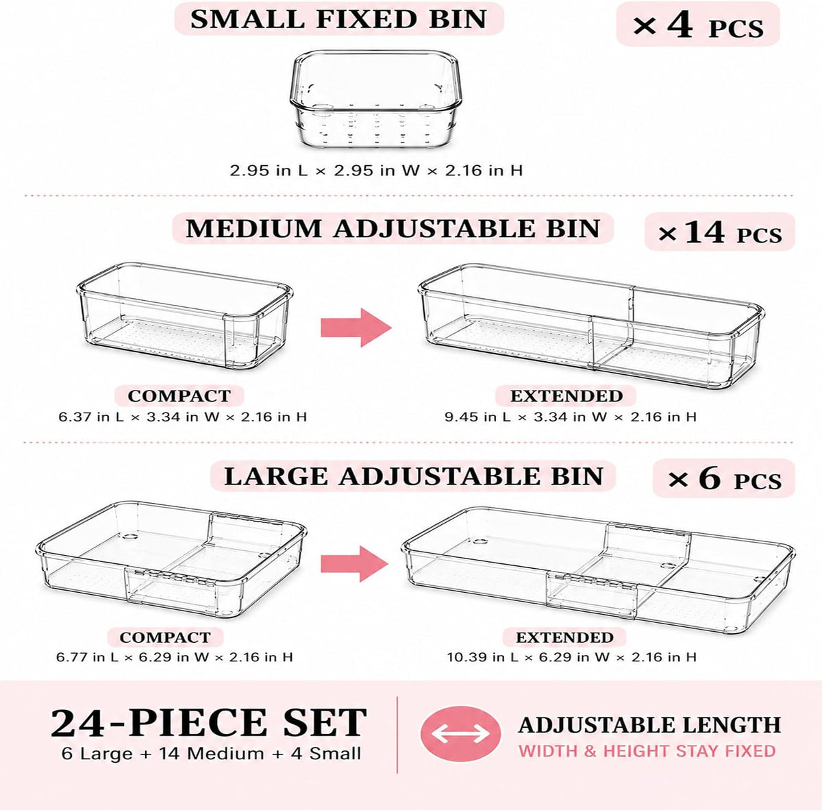 24 Pcs Clear Adjustable Drawer Organizer, 3-Size Expandable Desk Drawer Organ...