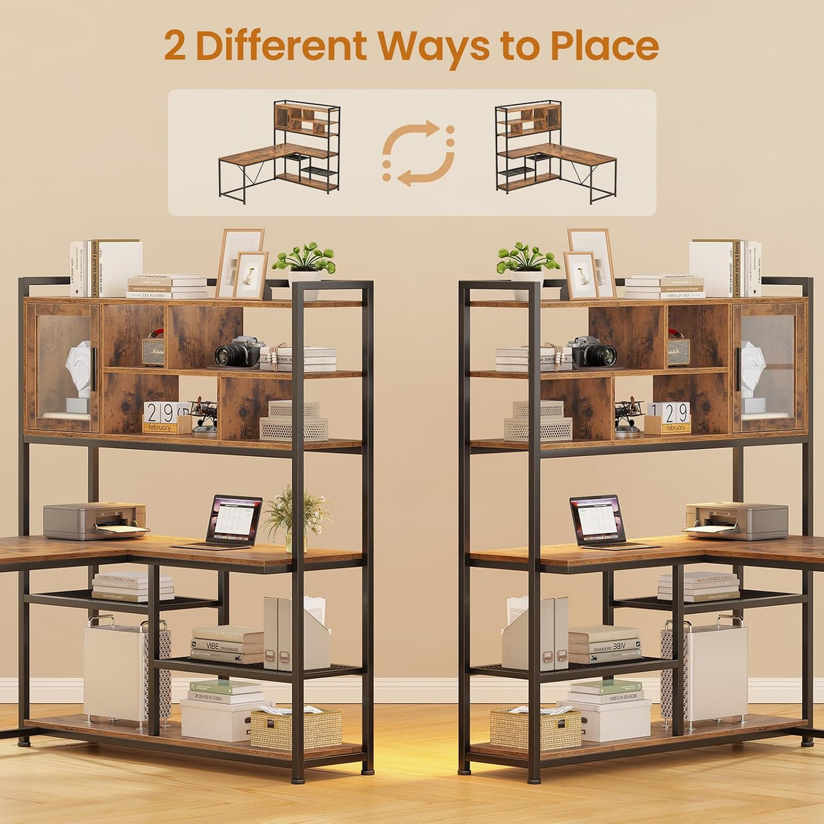 SEDETA L Shaped Computer Desk with Storage Shelves, Bookshelf, Rustic Brown