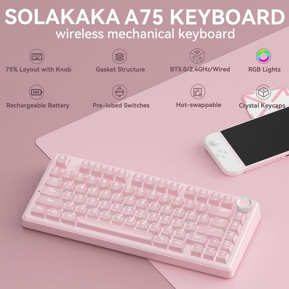 SOLAKAKA A75 Wireless Gaming Keyboard with Multifunction Knob, BT5.0/2.4GHz/U...