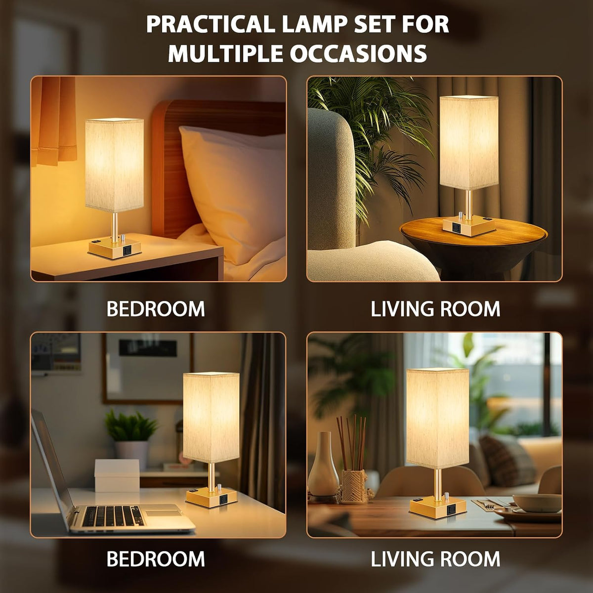 Gold Bedside Table Lamps Set of 2 - Dimmable, USB C+A, 2 AC Outlets