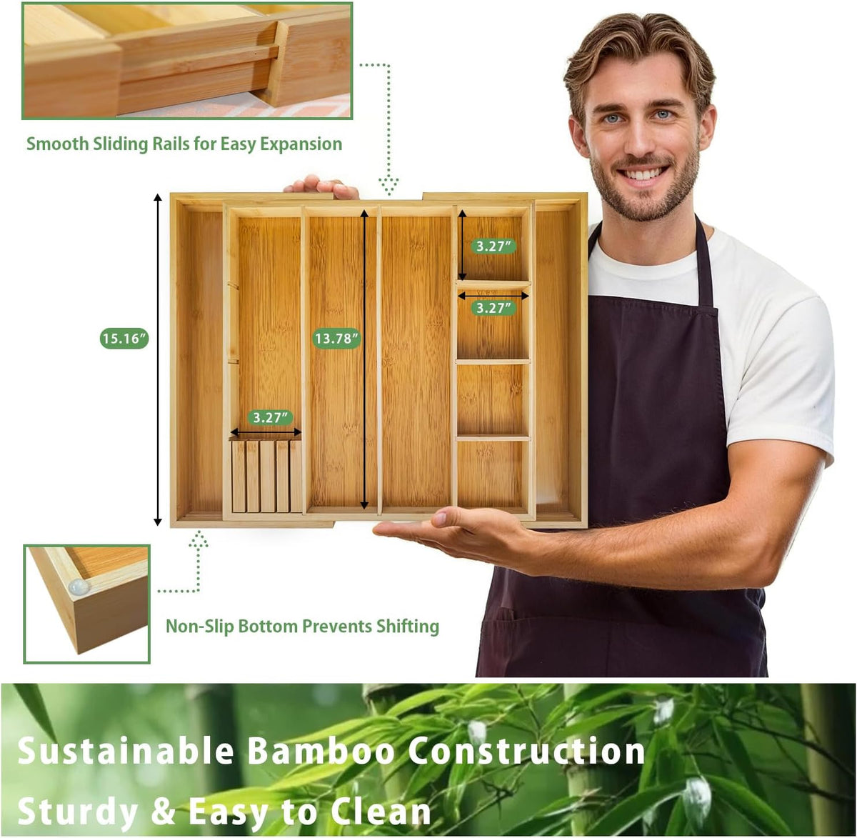 Bamboo Expandable Drawer Organizer, 15"-22" Storage Tray