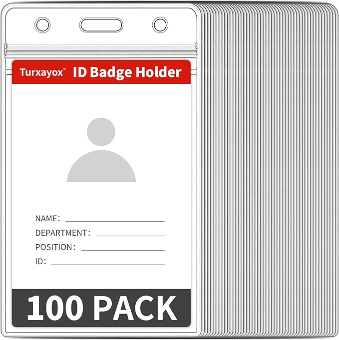 Turxayox 100 Pcs Clear ID Badge Holder, Vertical Plastic Name Tag Protector by Turxayox