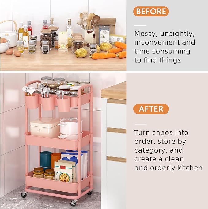 JIUYOTREE 3-Tier Plastic Rolling Storage Cart Utility Cart - Image 5
