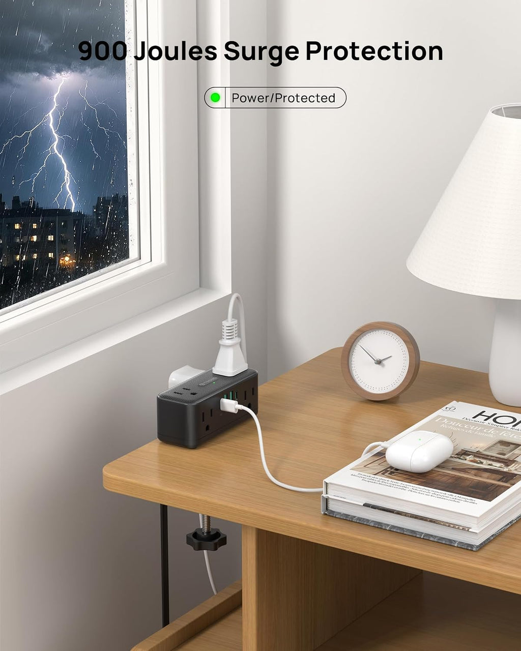 trond compact desk clamp power strip 5 ft on a desk or shelf