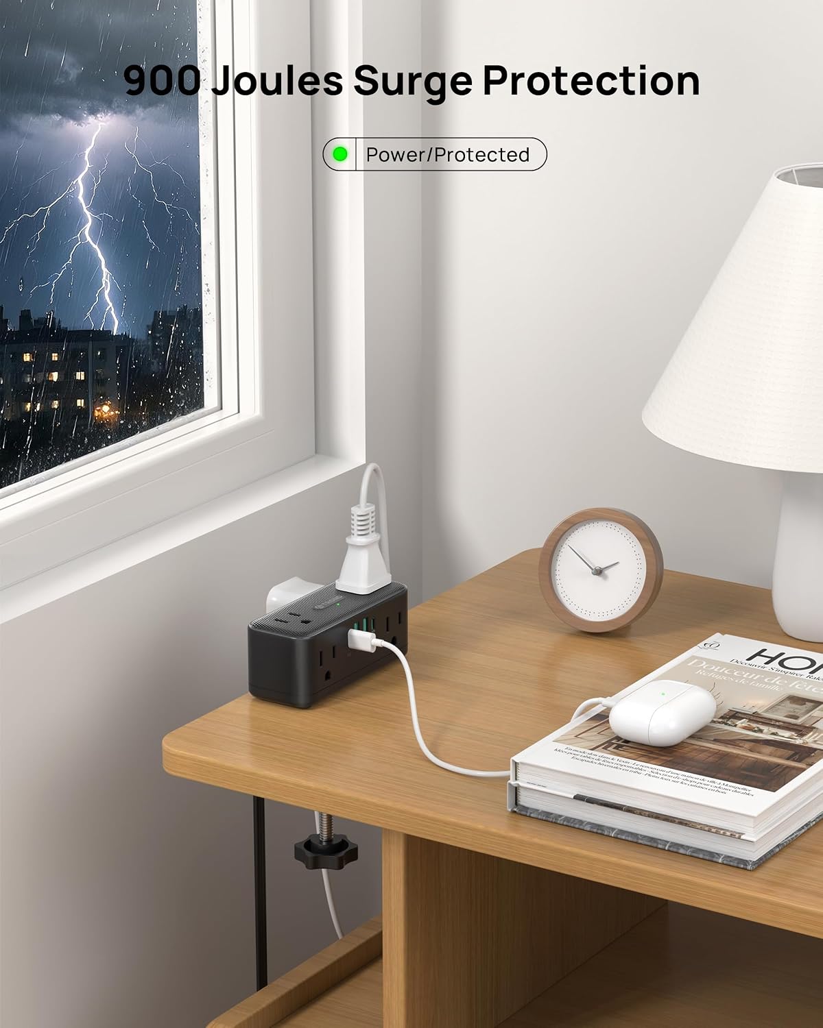 trond compact desk clamp power strip 5 ft on a desk or shelf