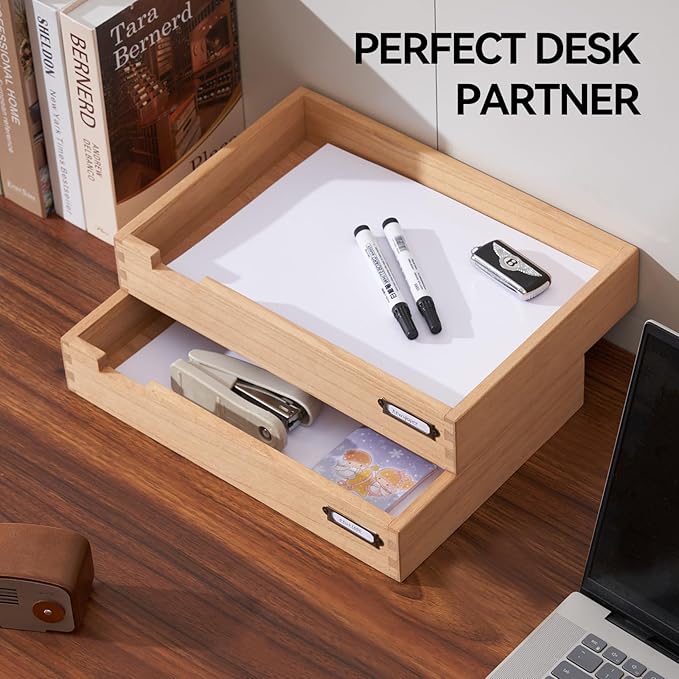KIRIGEN Wood Desk Organizer Set of 2 Stackable Paper Tray Desktop Document - Image 5