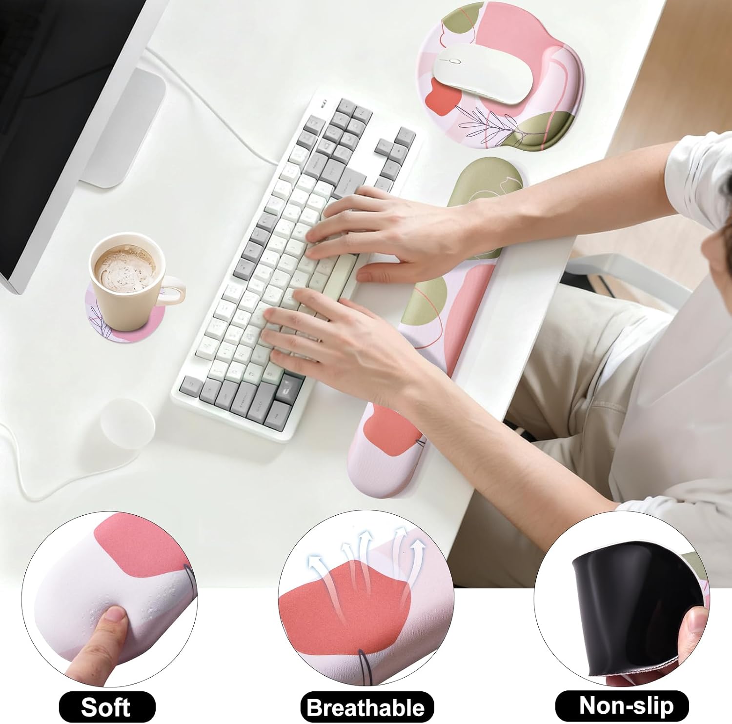 Keyboard Wrist Rest Mouse Pad with Wrist Support, Gaming Mousepad with Non-Slip Base, Ergonomic Mouse Wrist Arm Cushion Support for Home Office Laptop Computer, Easy Typing Pain Relief, Pink Flower