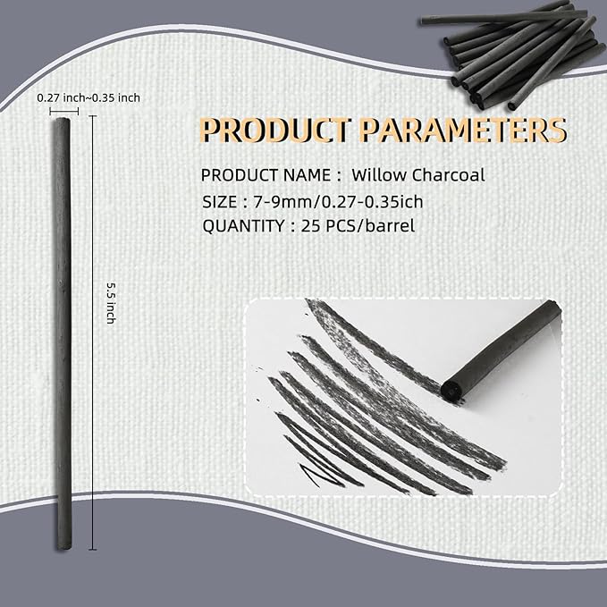 Trzzyan 25 PCS Willow Charcoal Sticks, and Fine Art, 5.7 Inches Long - Image 2