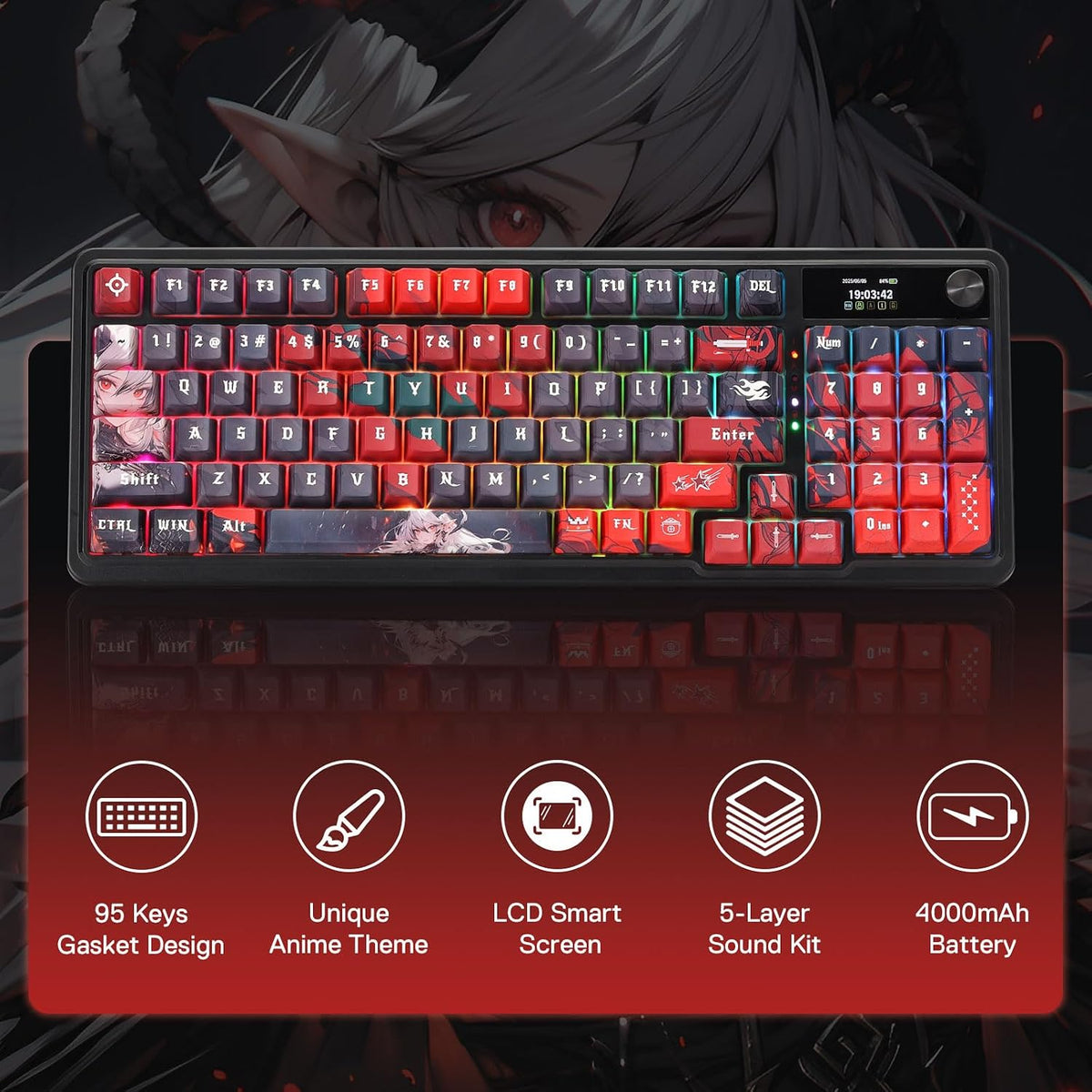 Redragon K719 PRO Wireless RGB Gasket Gaming Keyboard, Dye-Sub Anime Keycap