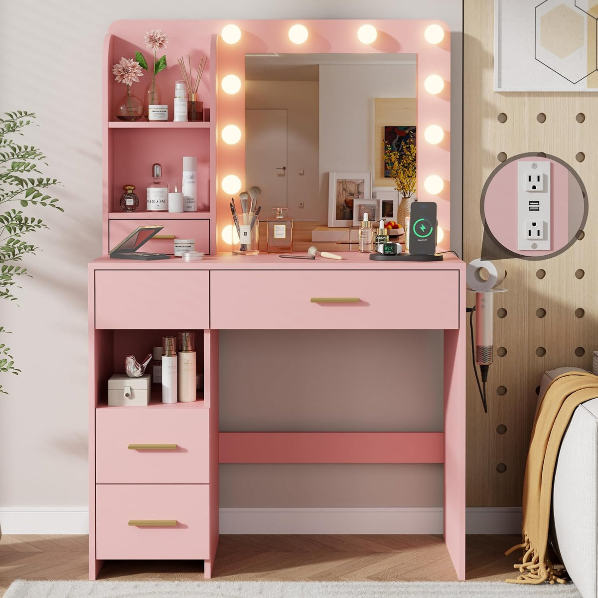 Otterease 35" Makeup Vanity Desk with LED Mirror, 5 Drawers, Pink