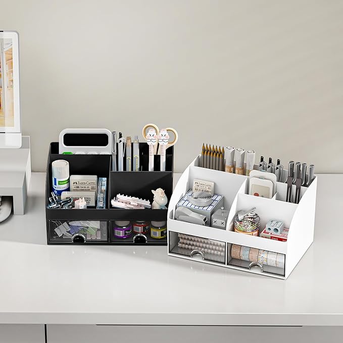 Desk Organizer with 6 Compartments and 2 Drawers, Plastic Makeup Organizer - Image 5