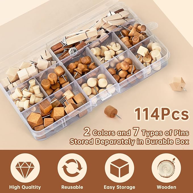 GOOLADA 114Pcs Decorative Push Pins in 7 Types and 2 Colors Wooden Push Pins - Image 3