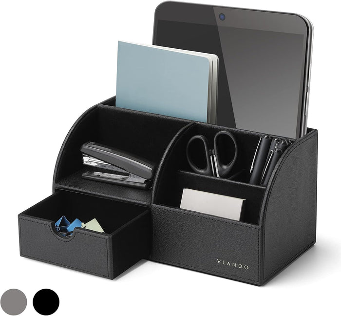 VLANDO Desk Organizer with Drawer, Leather Office Storage Caddy, Black