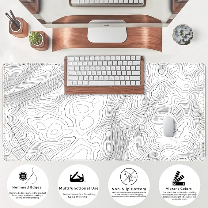 Mechanical Cattle Desk Mat Large Gaming White Mouse Pad Minimalist Topographic - Image 5