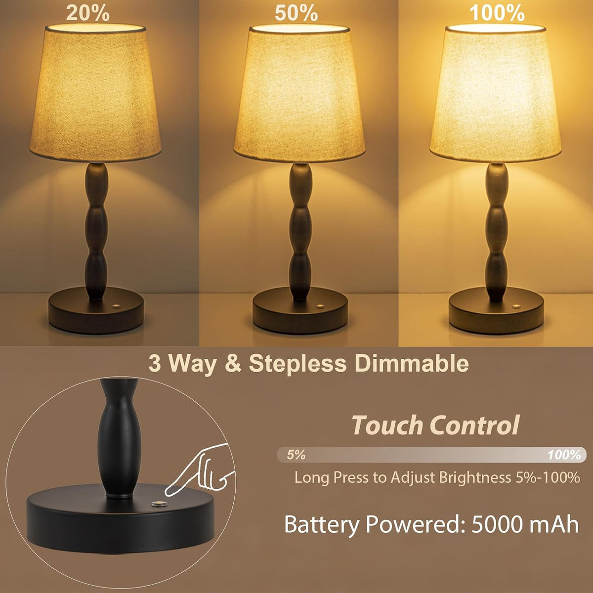 CASTLELIFE Rechargeable Cordless Table Lamp, 5000mAh Battery Powered Touch De...