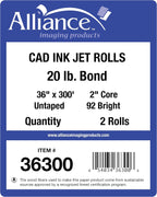 Alliance Wide Format Paper CAD Bond Rolls (20lb | 2 Rolls, 36 In x 300 Ft | 2" Core)