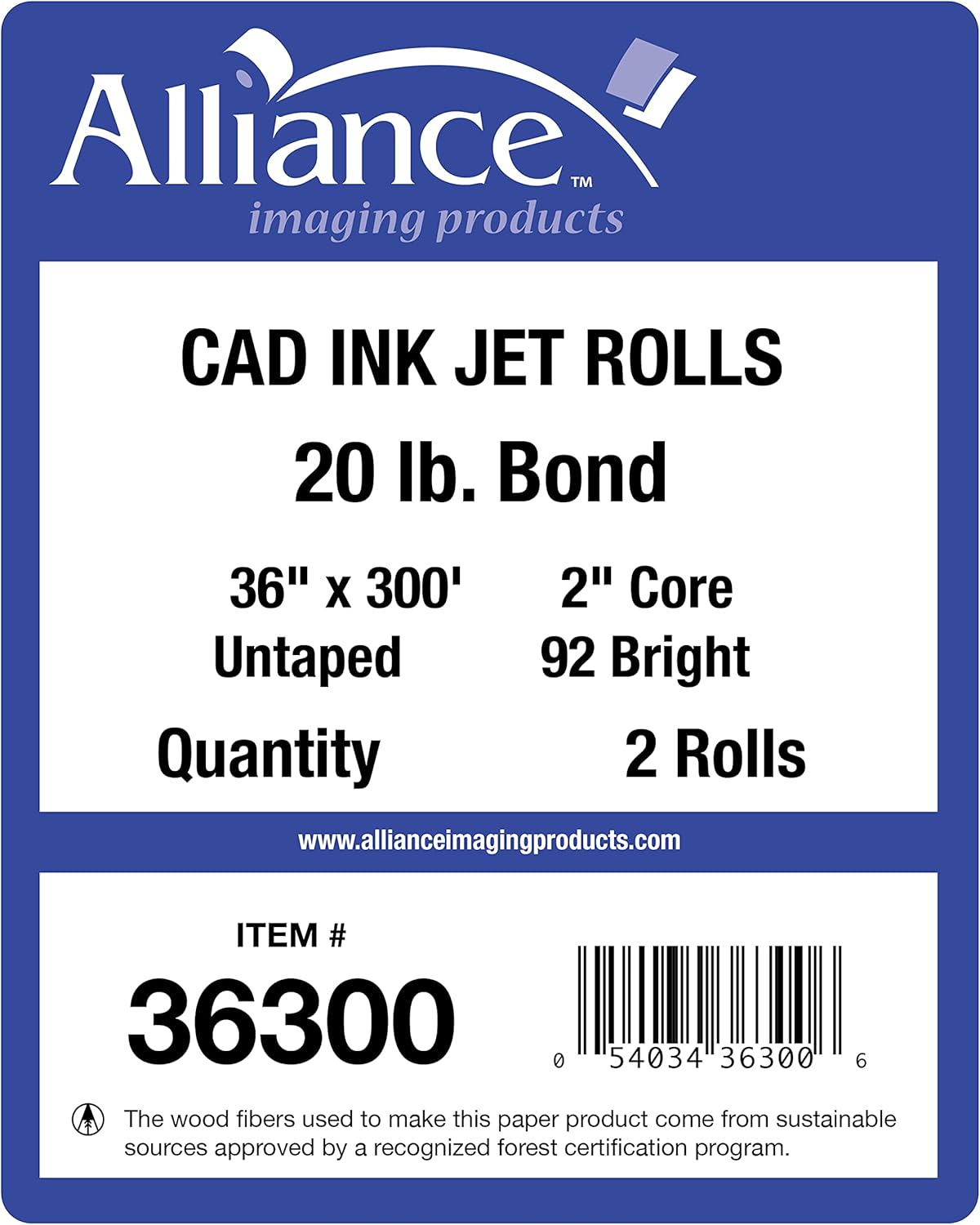 Alliance Wide Format Paper CAD Bond Rolls (20lb | 2 Rolls, 36 In x 300 Ft | 2" Core)