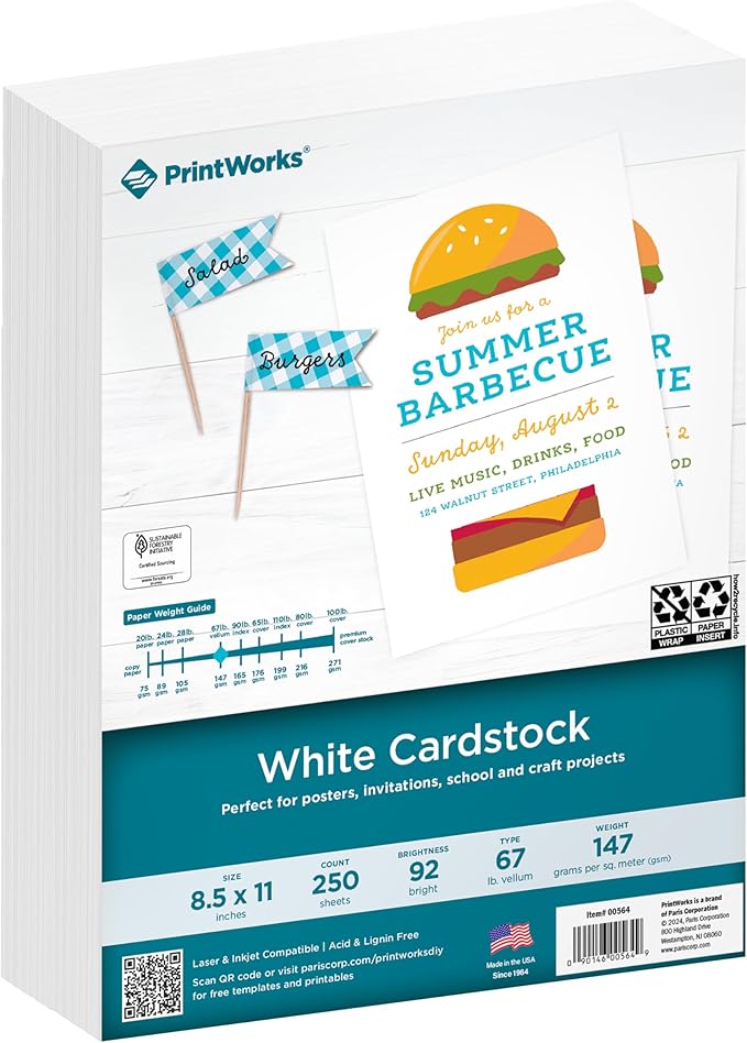 PrintWorks White Cardstock 8.5" x 11" - 67 lb/147 gsm Vellum Bristol - 250 by PrintWorks