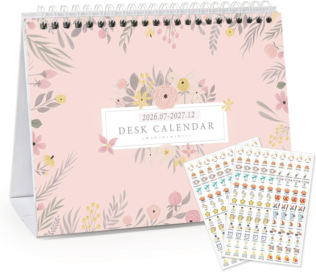 Mokani Small Desk Calendar 2026-2027, Desktop Calendar Jul.2026-Dec.2027 | 18 Months Academic Flip Standing Calender with Stickers & US Holidays Marked (8"x6")