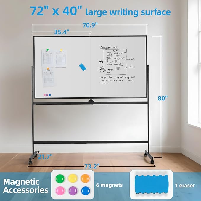 VOWNER Double-Sided Magnetic Whiteboard, Reversible Rolling White Board - Image 2