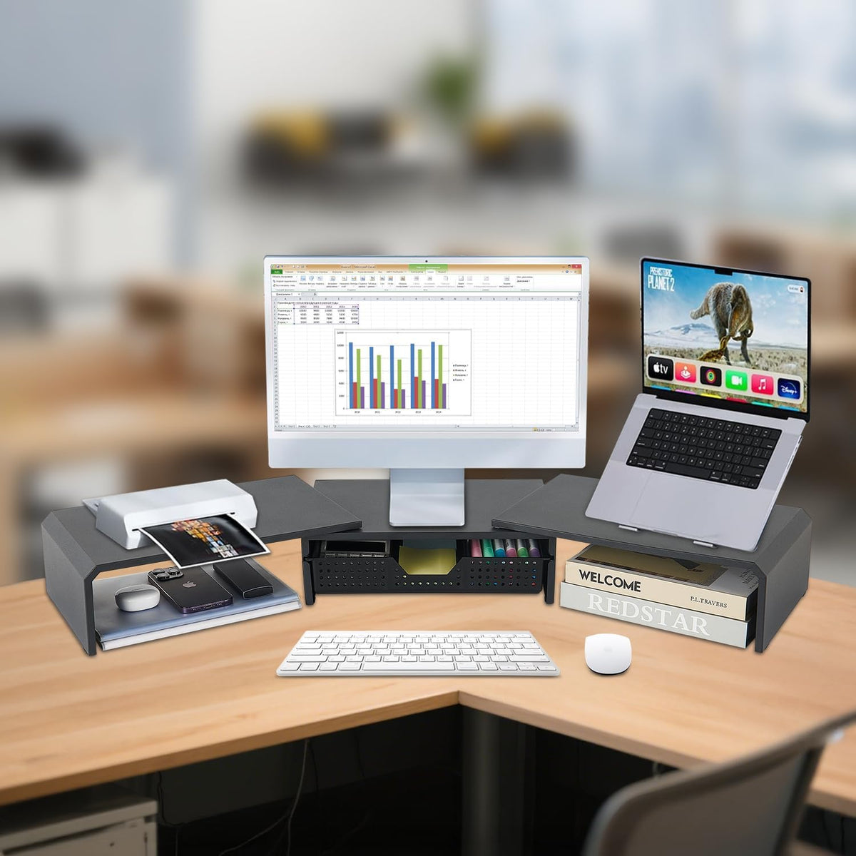 LEKETREE Dual Monitor Stand Riser with Drawer, Computer Stand for Desk, Works...