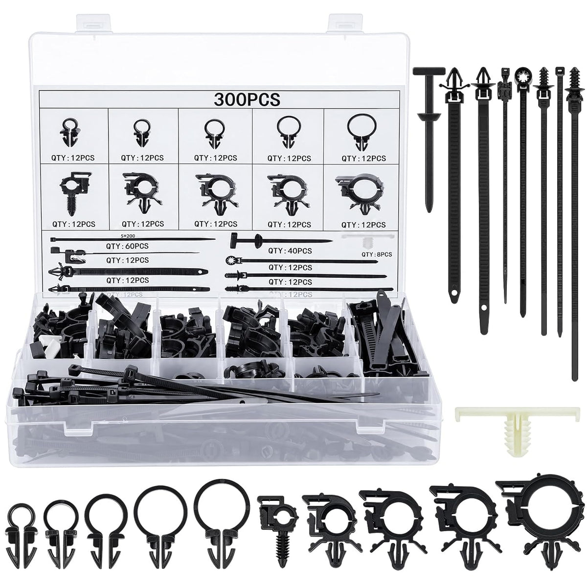 Funnymoom 300 Pcs Wire Loom Routing Clips, 15 Sizes Push Mount for Car