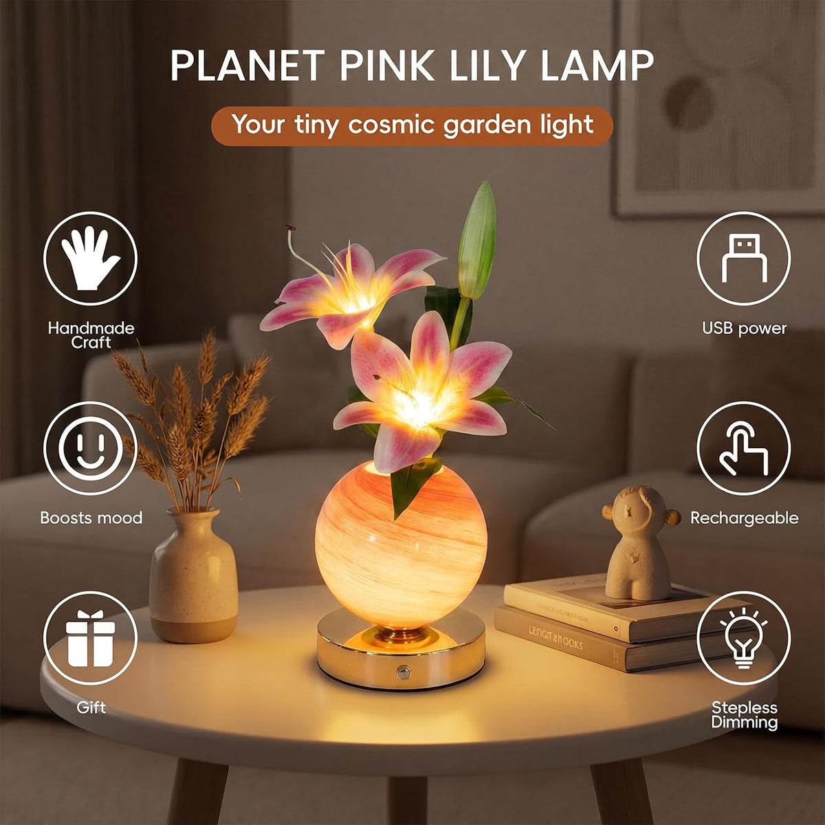 Lily Lamp Rechargeable Wireless Touch-Control Dimmable Faux Flower Desk Light...