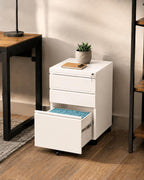 fully assembled 3-drawer mobile file cabinet with lock on a desk or shelf
