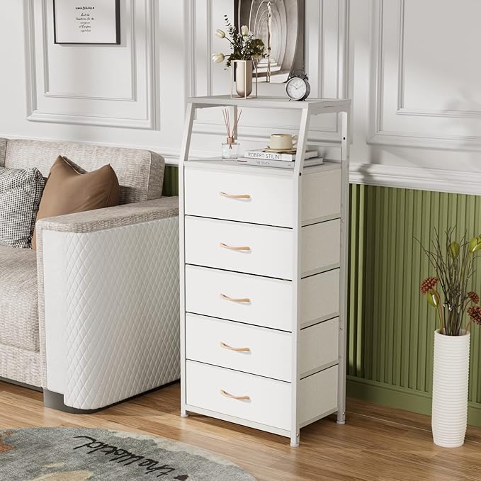 Furnulem White Dresser with 5 Drawers, Vertical Storage Tower Fabric Dresser - Image 6
