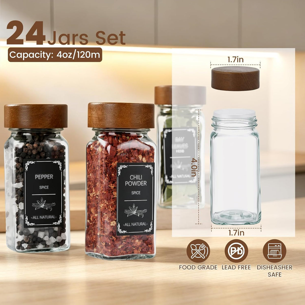 2 Pack Spice Rack with 24 Spice Jars, 4OZ Wood Lid Spice Containers with Expa...