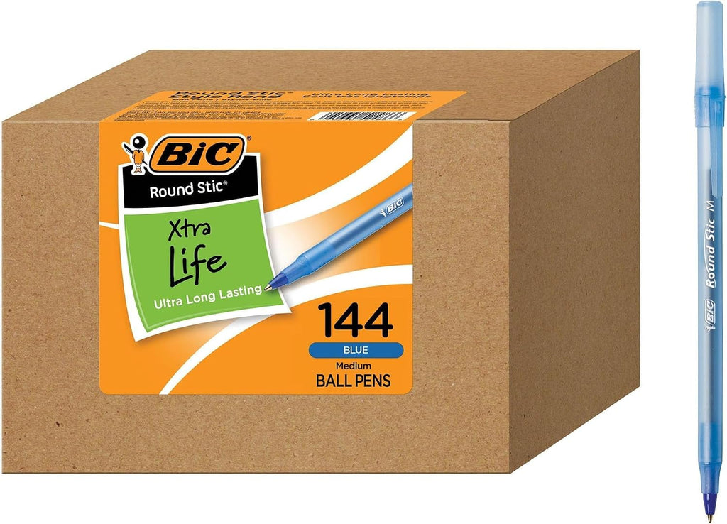 BIC Round Stic Xtra Life Blue Ballpoint Pens, Medium Point (1.0mm), Flexible Round Barrel for Writing Comfort, No. 1 Selling Ballpoint Pens 144 Count (Pack of 6)