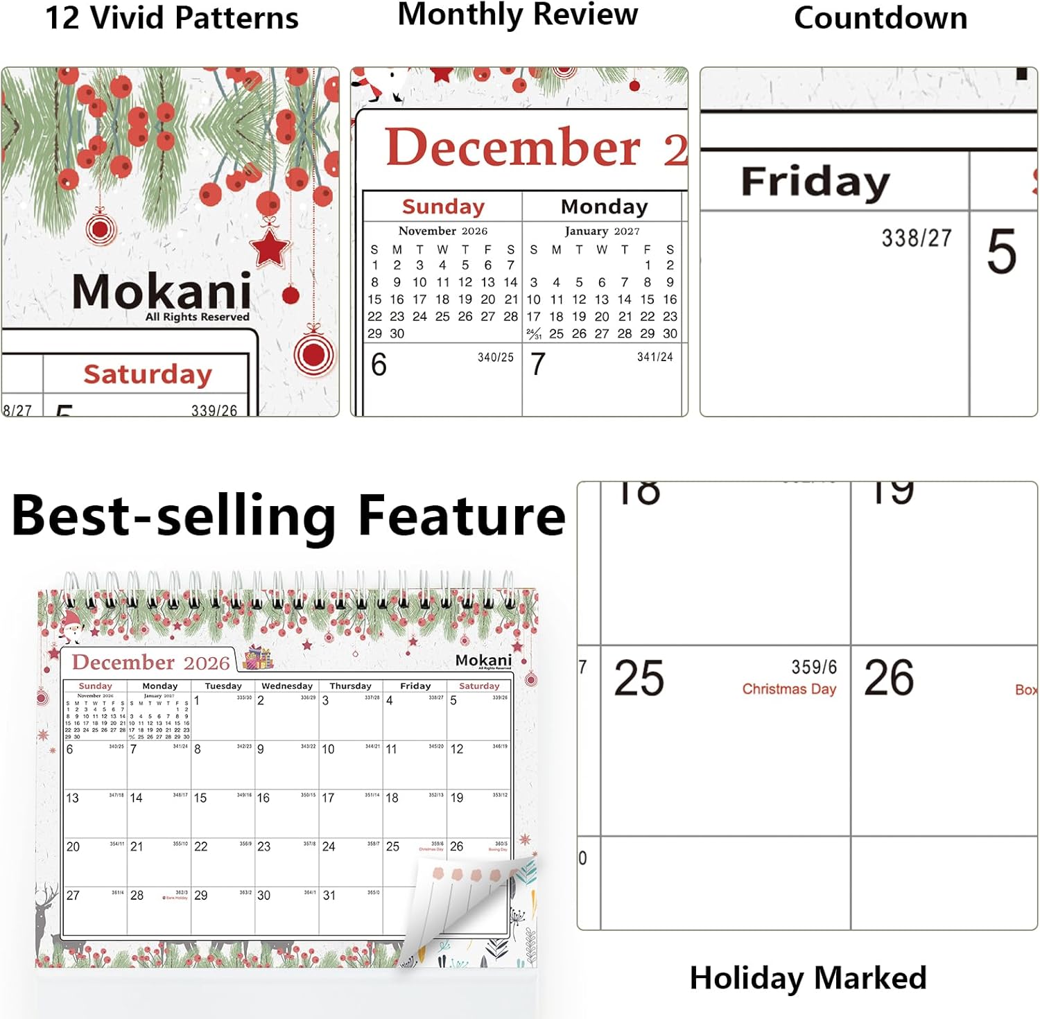 Mokani Small Desk Calendar 2026-2027, Desktop Calendar Jul.2026-Dec.2027 | 18 Months Academic Flip Standing Calender with Stickers & US Holidays Marked (8"x6")