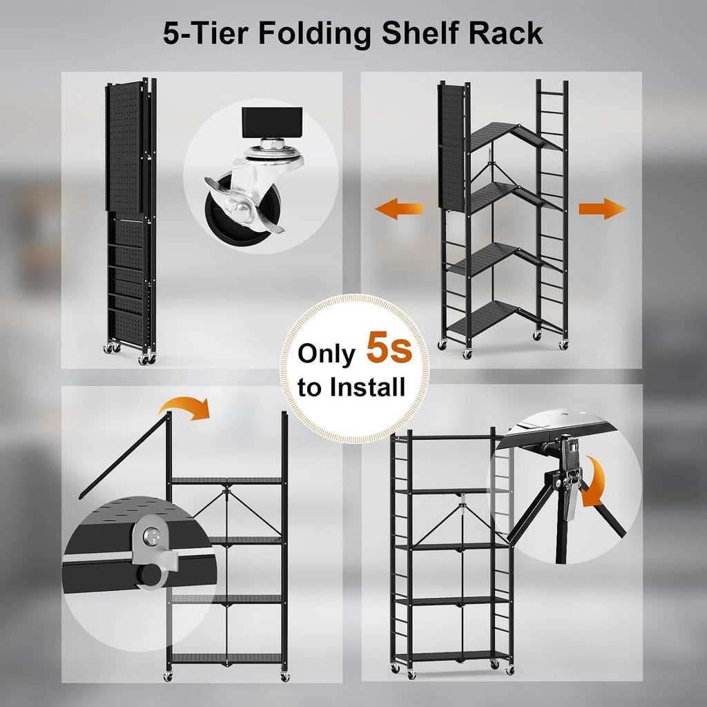 himix 5-tier foldable storage shelves with 20 hooks, side view