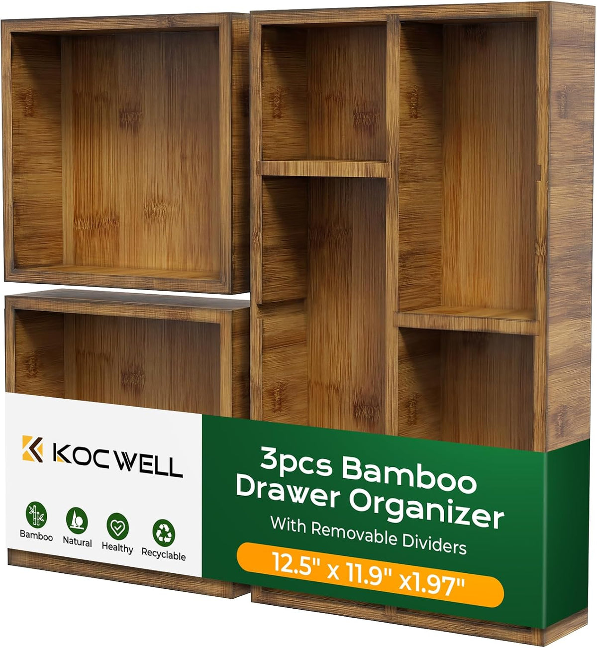 KOCWELL Bamboo Desk Drawer Organizer with Removable Dividers,Multi-Use Office...
