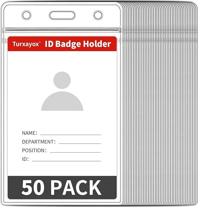 Turxayox 50 Pcs Clear ID Badge Holder, Vertical Plastic Name Tag Protector by Turxayox